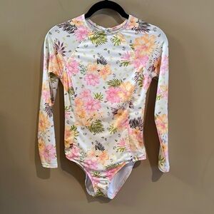 Hurley Women's M Long Sleeve One Piece Swimsuit White Pink Floral Rash Guard